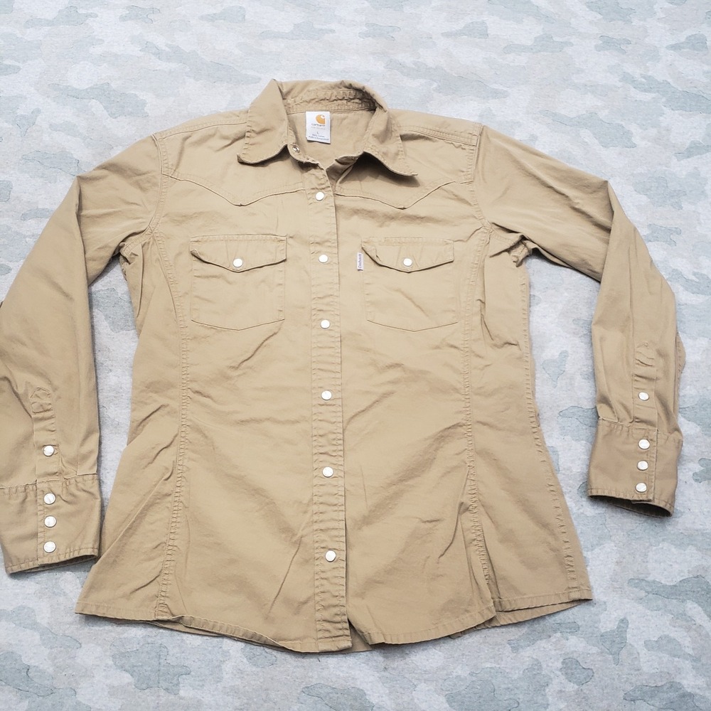 Carhartt Top Womens Large Brown Pockets Long‎ Sleeve Snap Up